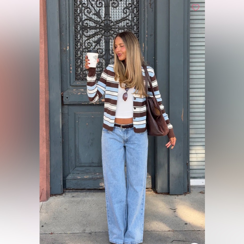 beginning boutique brown, blue, & white striped cardigan - Picture 4 of 10